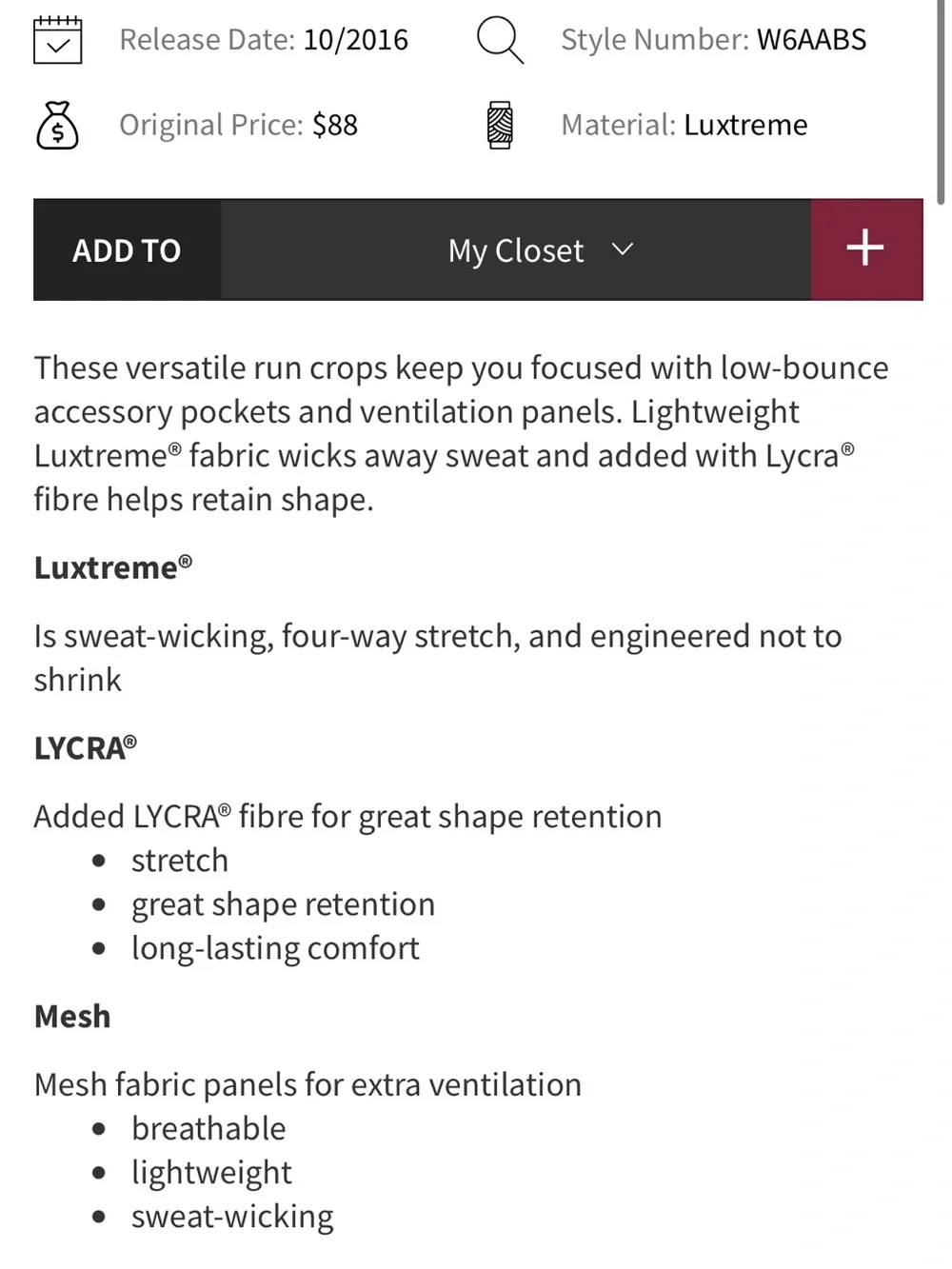 Lululemon Pace Rival Crop 19”